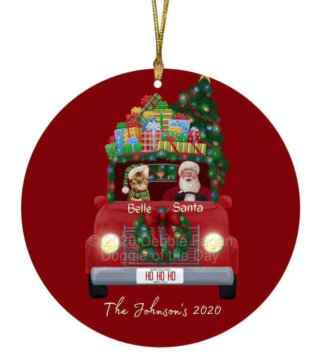 Personalized Christmas Honk Honk Red Truck Here Comes with Santa and Bengal Cat Round Flat Ornament PRBPOR59051