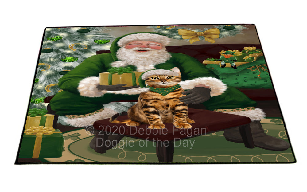 Christmas Irish Santa with Gift and Bengal Cat Indoor/Outdoor Welcome Floormat - Premium Quality Washable Anti-Slip Doormat Rug FLMS57076