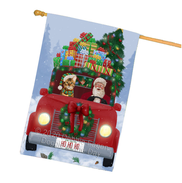 Christmas Honk Honk Red Truck Here Comes with Santa and Bengal Cat House Flag FLG66575