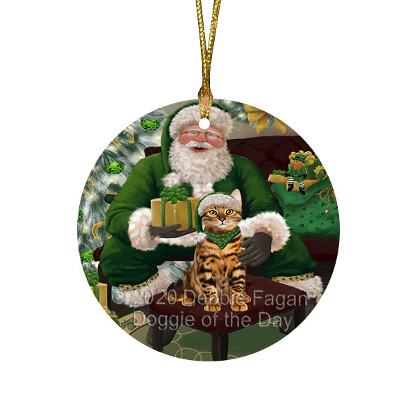 Christmas Irish Santa with Gift and Bengal Cat Round Flat Christmas Ornament RFPOR57901