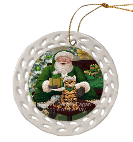 Christmas Irish Santa with Gift and Bengal Cat Doily Ornament DPOR59463