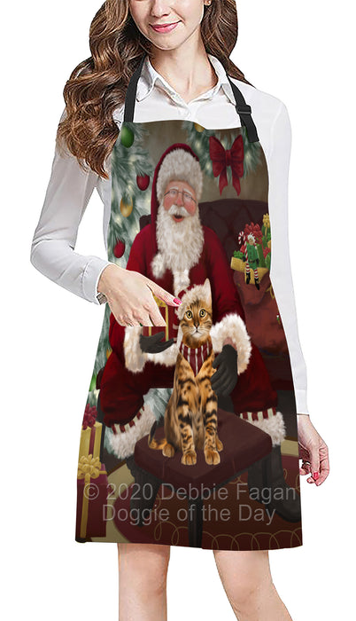 Santa's Christmas Surprise Bengal Cat Apron - Adjustable Long Neck Bib for Adults - Waterproof Polyester Fabric With 2 Pockets - Chef Apron for Cooking, Dish Washing, Gardening, and Pet Grooming
