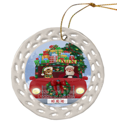Christmas Honk Honk Red Truck with Santa and Bengal Cat Doily Ornament DPOR59322