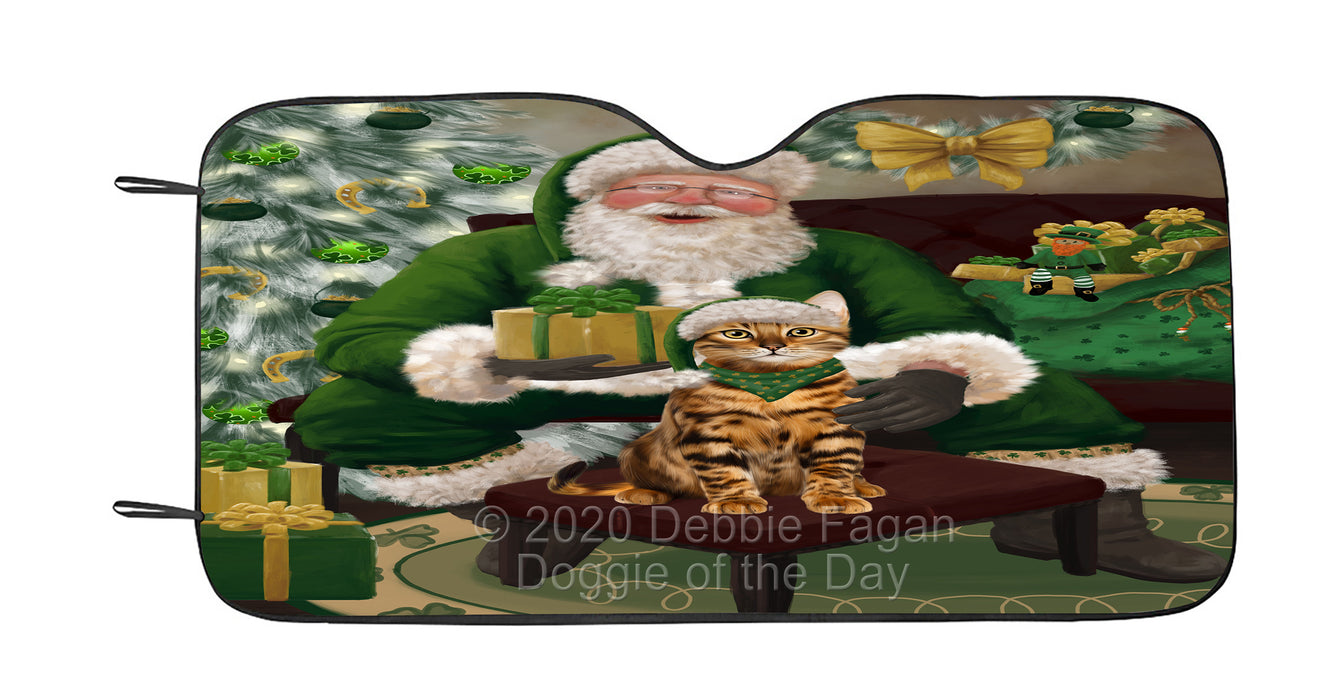 Christmas Irish Santa with Gift and Bengal Cat Car Sun Shade Cover Curtain