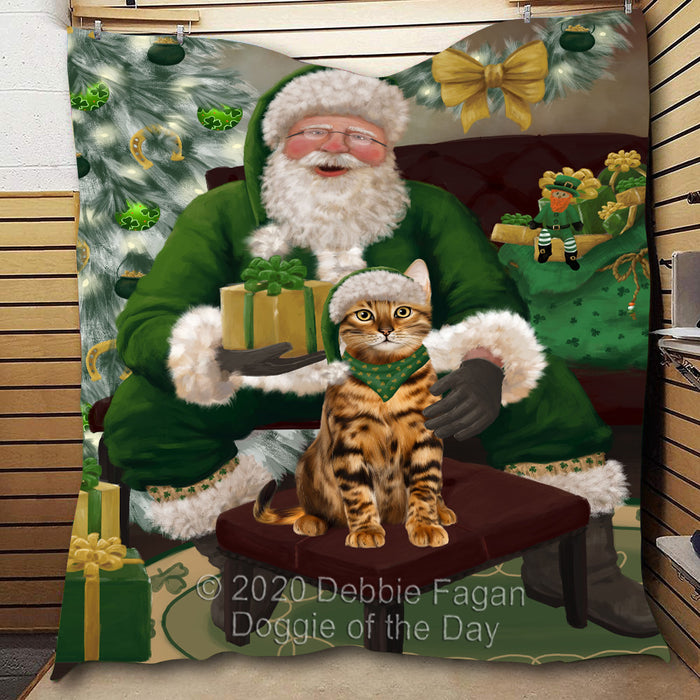 Christmas Irish Santa with Gift and Bengal Cat Quilt Bed Coverlet Bedspread - Pets Comforter Unique One-side Animal Printing - Soft Lightweight Durable Washable Polyester Quilt