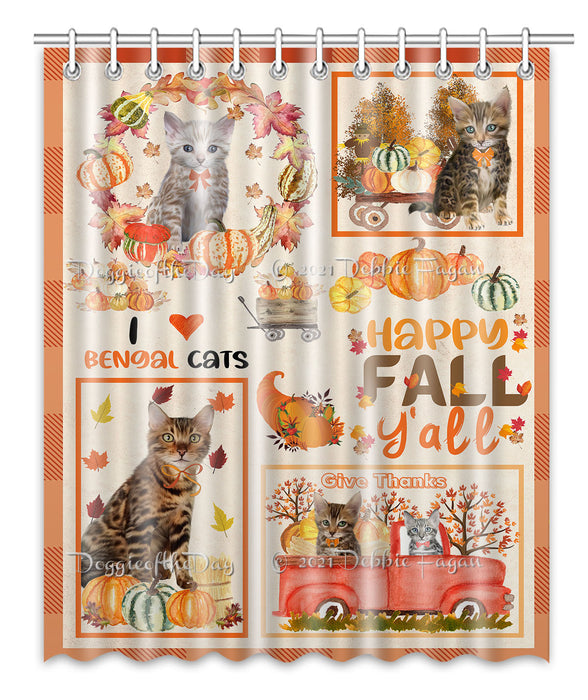 Happy Fall Y'all Pumpkin Bengal Cats Shower Curtain Bathroom Accessories Decor Bath Tub Screens