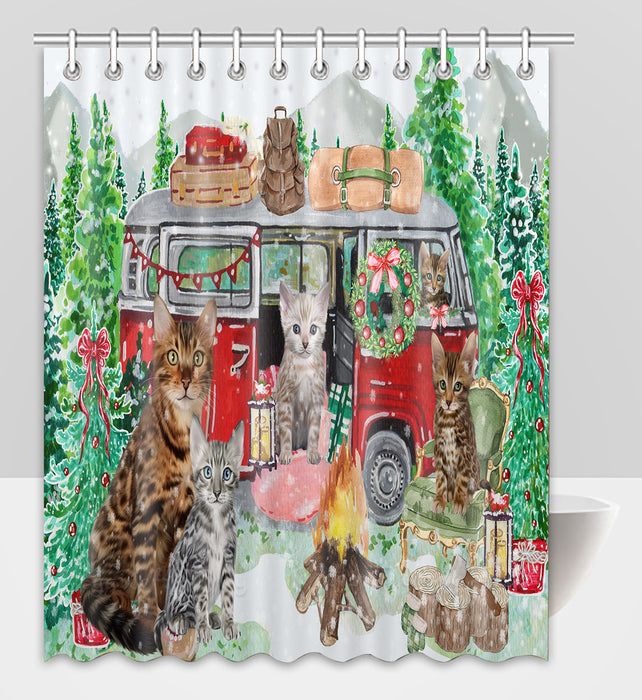 Christmas Time Camping with Bengal Cats Shower Curtain Pet Painting Bathtub Curtain Waterproof Polyester One-Side Printing Decor Bath Tub Curtain for Bathroom with Hooks