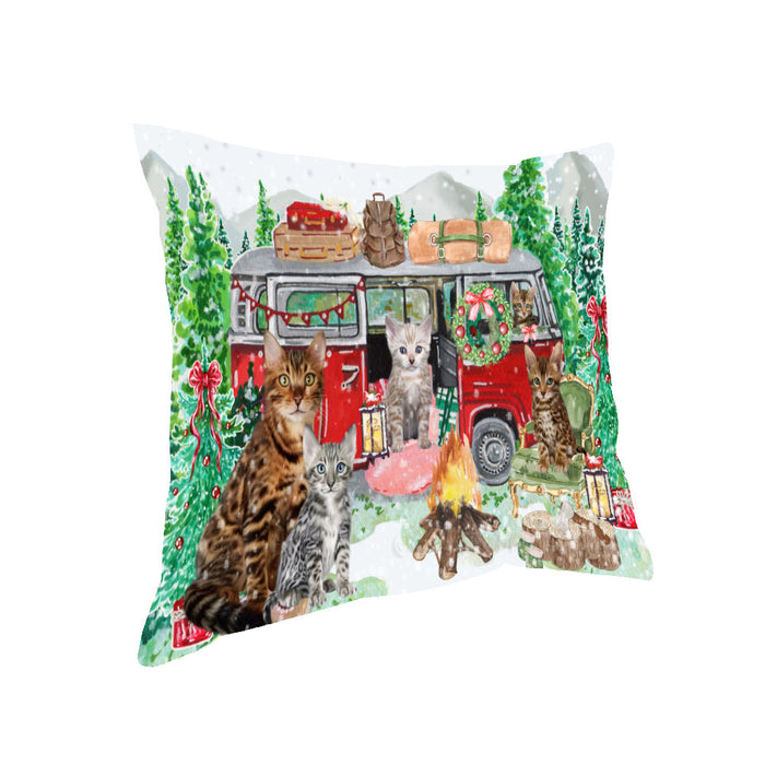 Christmas Time Camping with Bengal Cats Pillow with Top Quality High-Resolution Images - Ultra Soft Pet Pillows for Sleeping - Reversible & Comfort - Ideal Gift for Dog Lover - Cushion for Sofa Couch Bed - 100% Polyester