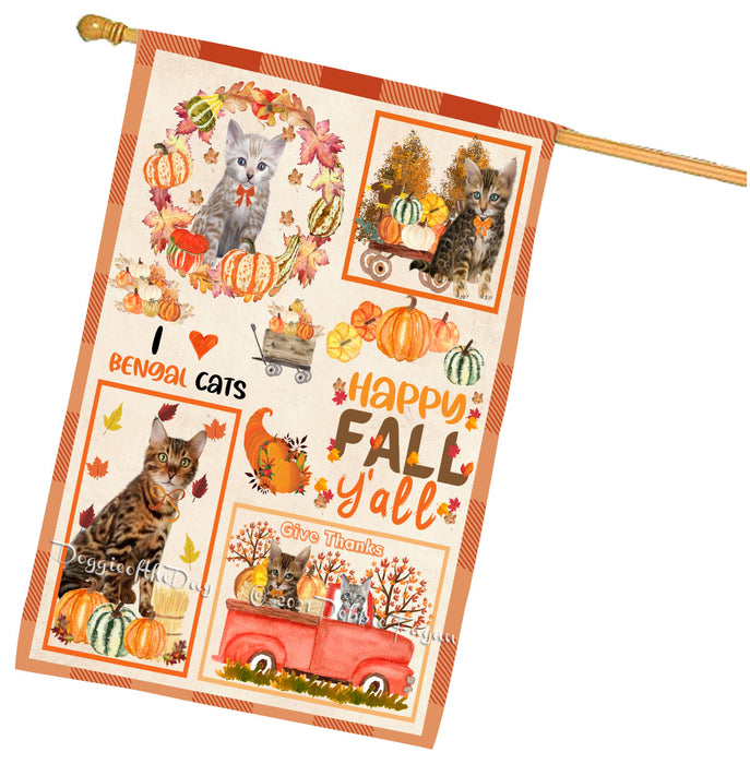 Happy Fall Y'all Pumpkin Bengal Cats House Flag Outdoor Decorative Double Sided Pet Portrait Weather Resistant Premium Quality Animal Printed Home Decorative Flags 100% Polyester