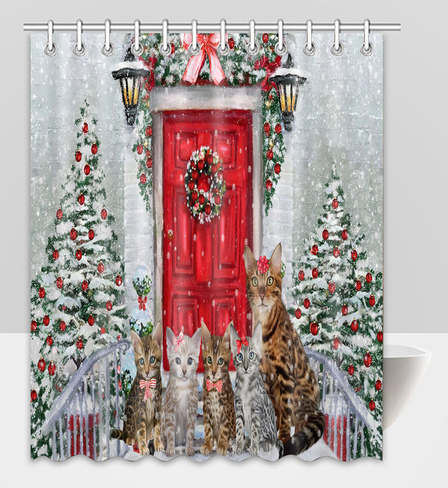 Christmas Holiday Welcome Bengal Cats Shower Curtain Pet Painting Bathtub Curtain Waterproof Polyester One-Side Printing Decor Bath Tub Curtain for Bathroom with Hooks