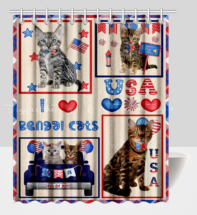 4th of July Independence Day I Love USA Bengal Cats Shower Curtain Pet Painting Bathtub Curtain Waterproof Polyester One-Side Printing Decor Bath Tub Curtain for Bathroom with Hooks