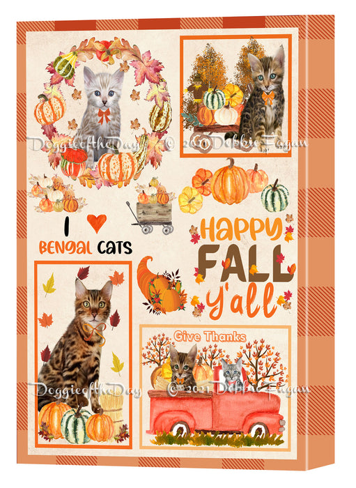 Happy Fall Y'all Pumpkin Bengal Cats Canvas Wall Art - Premium Quality Ready to Hang Room Decor Wall Art Canvas - Unique Animal Printed Digital Painting for Decoration