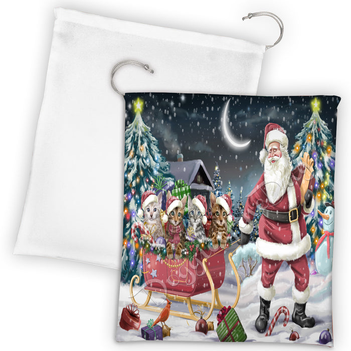 Santa Sled Dogs Christmas Happy Holidays Bengal Cats Drawstring Laundry or Gift Bag LGB48670