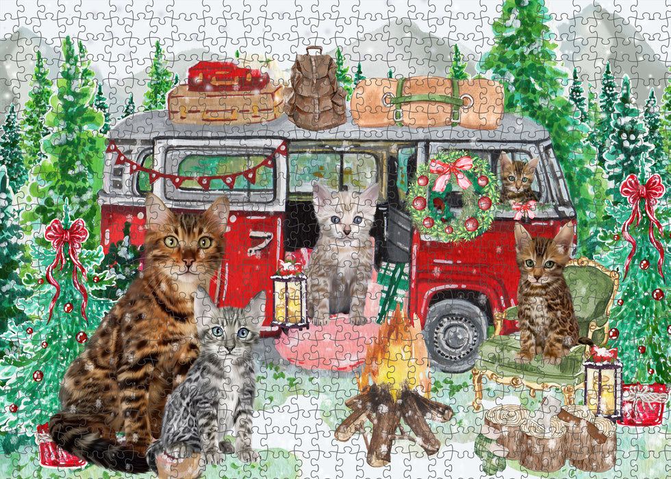 Christmas Time Camping with Bengal Cats Portrait Jigsaw Puzzle for Adults Animal Interlocking Puzzle Game Unique Gift for Dog Lover's with Metal Tin Box