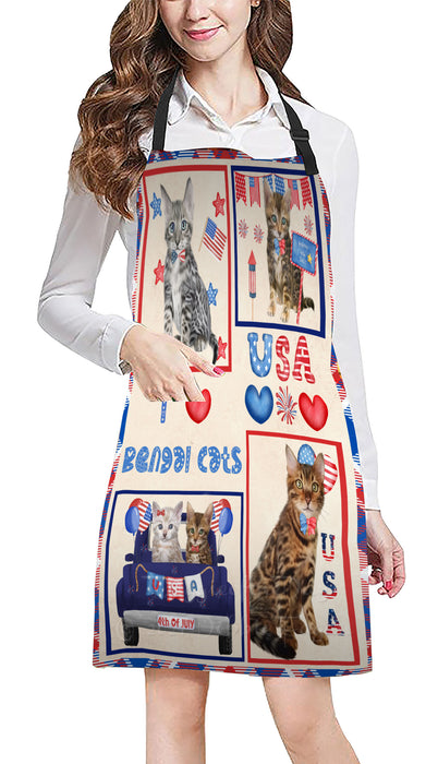 4th of July Independence Day I Love USA Bengal Cats Apron - Adjustable Long Neck Bib for Adults - Waterproof Polyester Fabric With 2 Pockets - Chef Apron for Cooking, Dish Washing, Gardening, and Pet Grooming