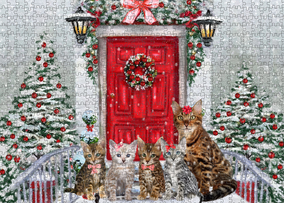 Christmas Holiday Welcome Bengal Cats Portrait Jigsaw Puzzle for Adults Animal Interlocking Puzzle Game Unique Gift for Dog Lover's with Metal Tin Box