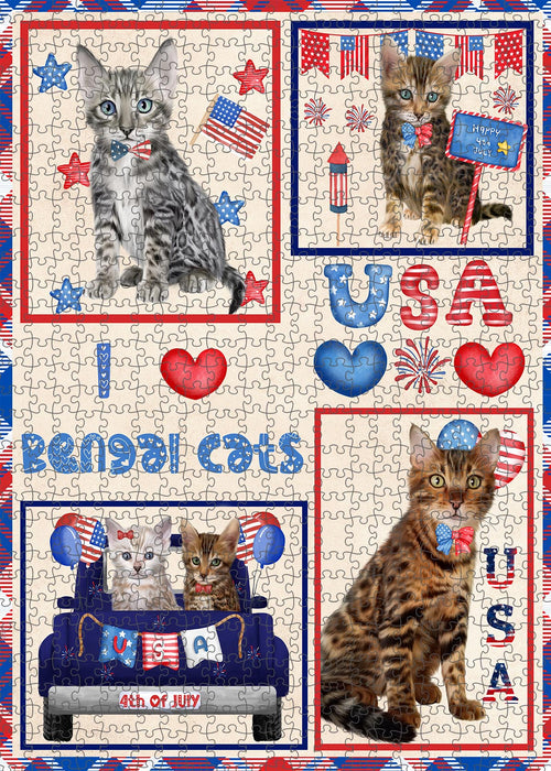 4th of July Independence Day I Love USA Bengal Cats Portrait Jigsaw Puzzle for Adults Animal Interlocking Puzzle Game Unique Gift for Dog Lover's with Metal Tin Box