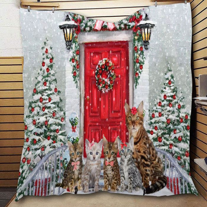 Christmas Holiday Welcome Bengal Cats  Quilt Bed Coverlet Bedspread - Pets Comforter Unique One-side Animal Printing - Soft Lightweight Durable Washable Polyester Quilt