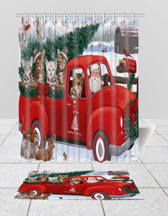 Christmas Santa Express Delivery Red Truck Bengal Cats Bath Mat and Shower Curtain Combo