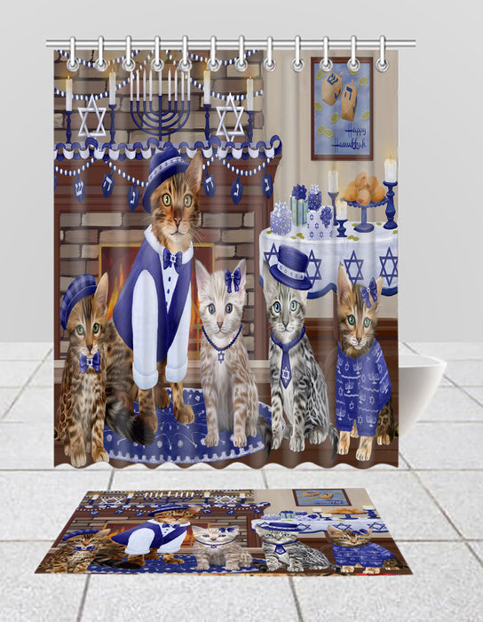 Happy Hanukkah Family Bengal Cats Bath Mat and Shower Curtain Combo