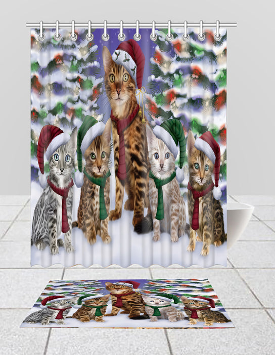 Bengal Cats Christmas Family Portrait in Holiday Scenic Background  Bath Mat and Shower Curtain Combo