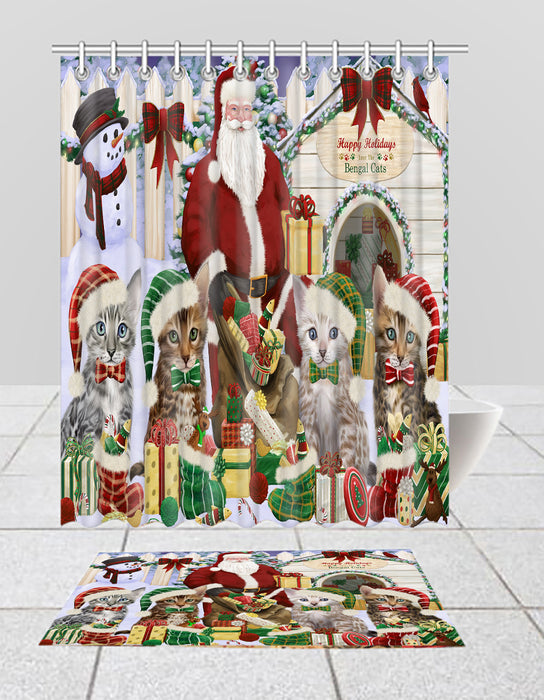 Happy Holidays Christmas Bengal Cats House Gathering Bath Mat and Shower Curtain Combo