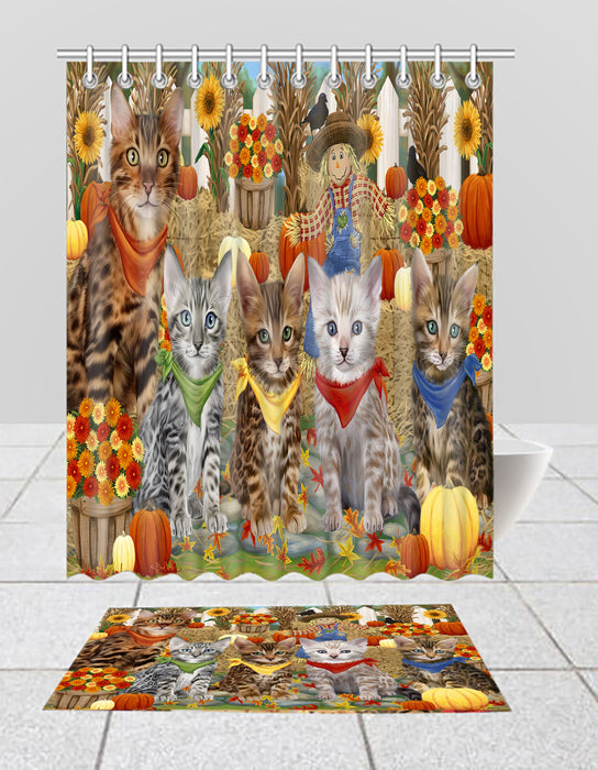 Fall Festive Harvest Time Gathering Bengal Cats Bath Mat and Shower Curtain Combo