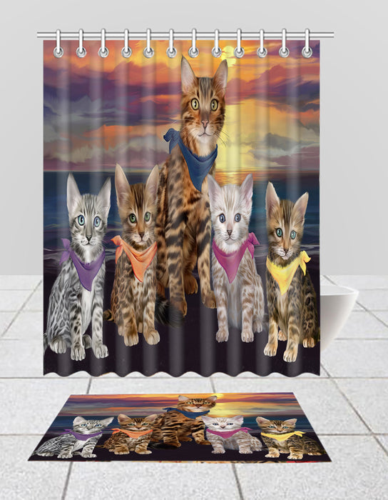 Family Sunset Portrait Bengal Cats Bath Mat and Shower Curtain Combo