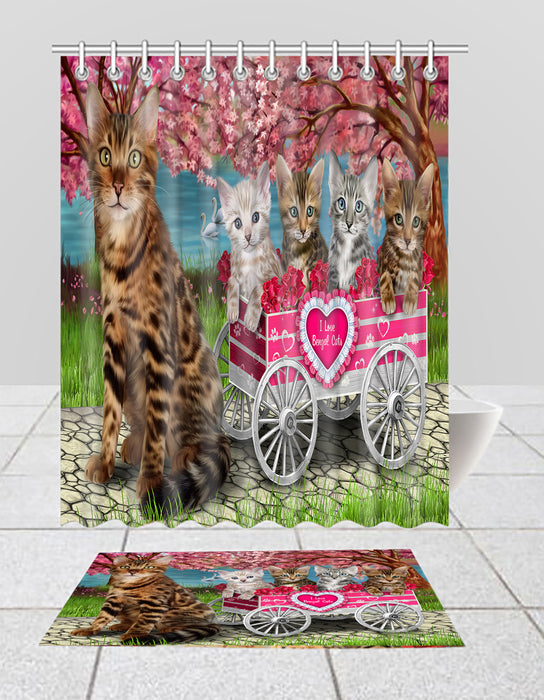 I Love Bengal Cats in a Cart Bath Mat and Shower Curtain Combo
