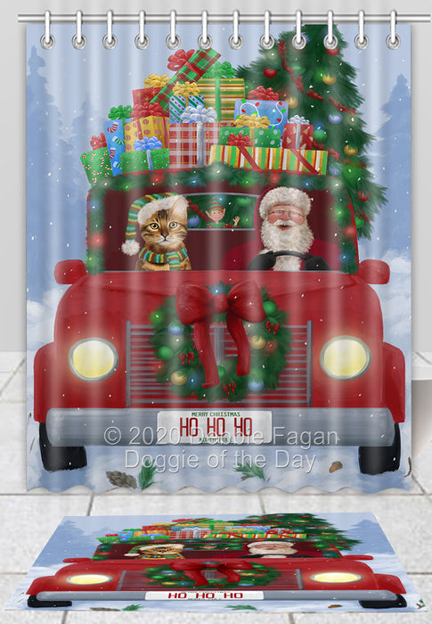Christmas Honk Honk Red Truck Here Comes with Santa and Bengal Cat Bath Mat and Shower Curtain Combo