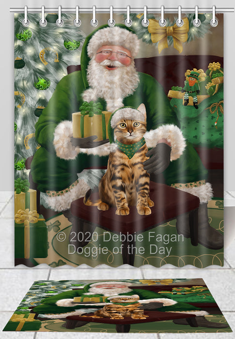 Christmas Irish Santa with Gift Bengal Cat Bath Mat and Shower Curtain Combo
