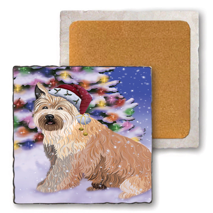 Winterland Wonderland Berger Picard Dog In Christmas Holiday Scenic Background Set of 4 Natural Stone Marble Tile Coasters MCST50684