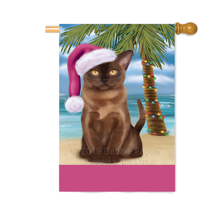 Personalized Summertime Happy Holidays Christmas Bermese Sable Cat on Tropical Island Beach Custom House Flag FLG-DOTD-A60460