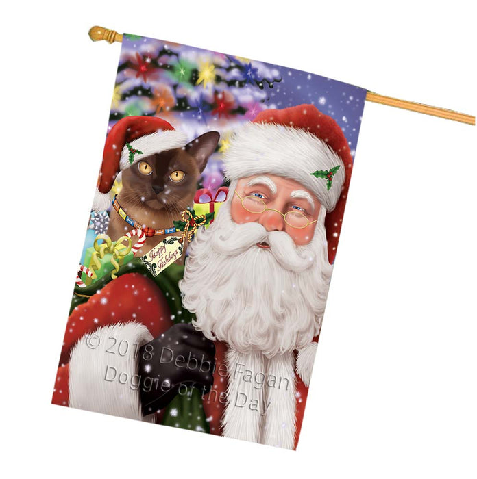 Santa Carrying Bermese Sable Cat and Christmas Presents House Flag FLG55915