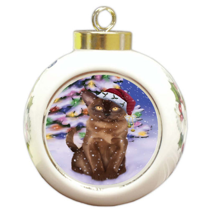 Winterland Wonderland Bermese Sable Cat In Christmas Holiday Scenic Background Round Ball Christmas Ornament RBPOR56041