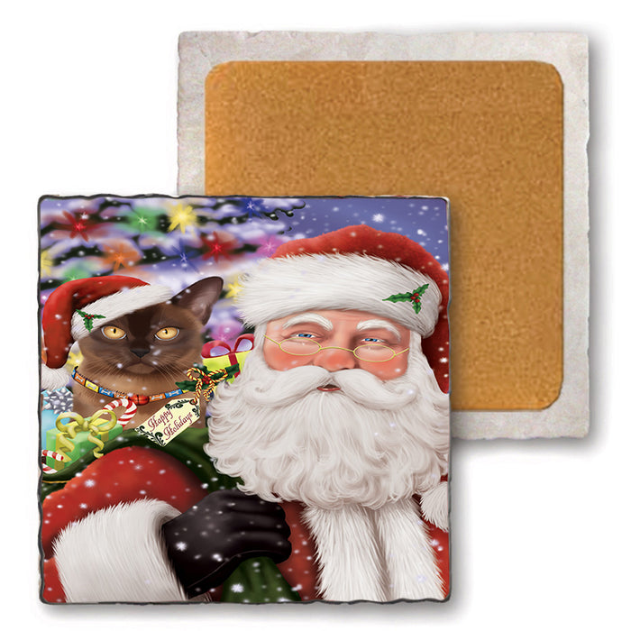Santa Carrying Bermese Sable Cat and Christmas Presents Set of 4 Natural Stone Marble Tile Coasters MCST50486