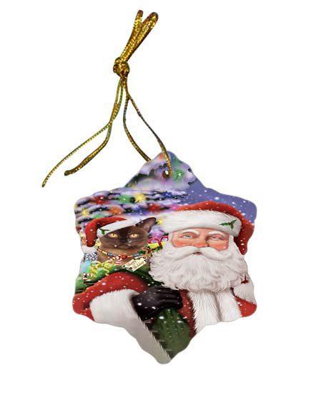 Santa Carrying Bermese Sable Cat and Christmas Presents Star Porcelain Ornament SPOR55842