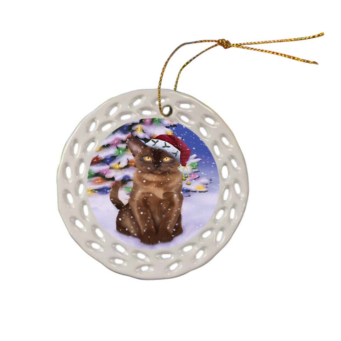 Winterland Wonderland Bermese Sable Cat In Christmas Holiday Scenic Background Ceramic Doily Ornament DPOR56041