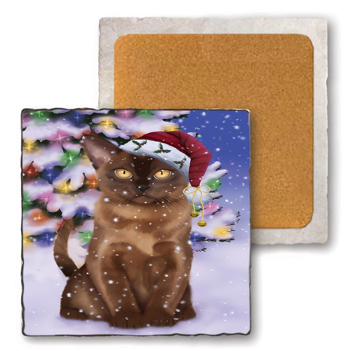 Winterland Wonderland Bermese Sable Cat In Christmas Holiday Scenic Background Set of 4 Natural Stone Marble Tile Coasters MCST50685