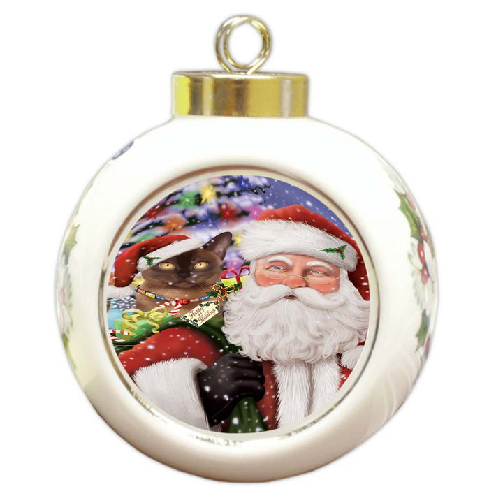 Santa Carrying Bermese Sable Cat and Christmas Presents Round Ball Christmas Ornament RBPOR55842