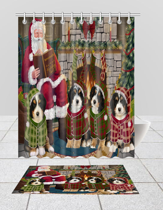 Christmas Cozy Holiday Fire Tails Bernedoodle Dogs Bath Mat and Shower Curtain Combo