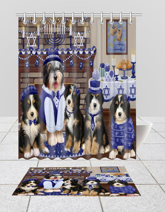 Happy Hanukkah Family Bernedoodle Dogs Bath Mat and Shower Curtain Combo