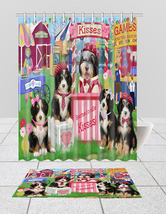 Carnival Kissing Booth Bernedoodle Dogs  Bath Mat and Shower Curtain Combo