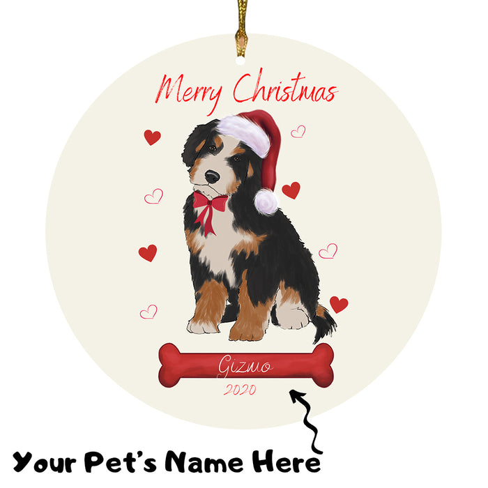 Personalized Merry Christmas  Bernedoodle Dog Christmas Tree Round Flat Ornament RBPOR58915