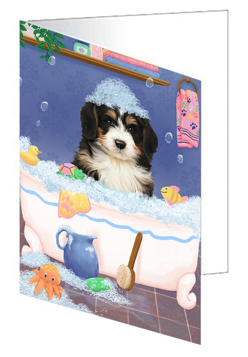 Rub A Dub Dog In A Tub Bernedoodle Dog Handmade Artwork Assorted Pets Greeting Cards and Note Cards with Envelopes for All Occasions and Holiday Seasons GCD79235