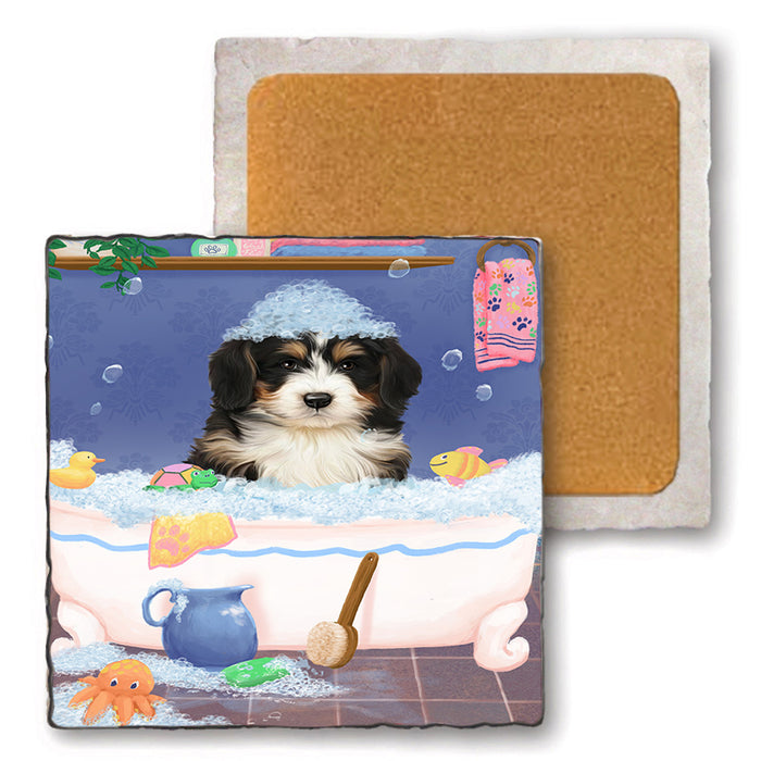 Rub A Dub Dog In A Tub Bernedoodle Dog Set of 4 Natural Stone Marble Tile Coasters MCST52307