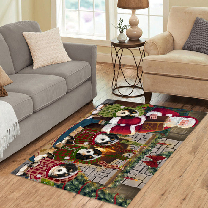Christmas Cozy Holiday Fire Tails Bernedoodle Dogs Area Rug