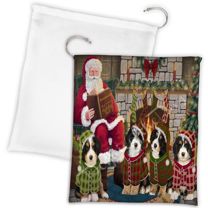 Christmas Cozy Holiday Fire Tails Bernedoodle Dogs Drawstring Laundry or Gift Bag LGB48473