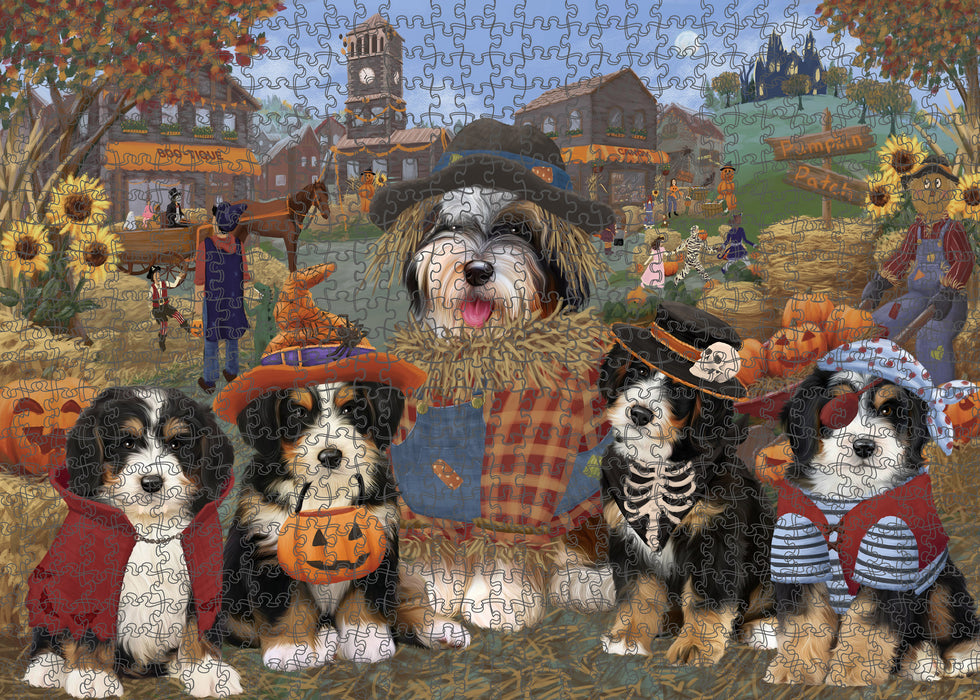 Halloween 'Round Town And Fall Pumpkin Scarecrow Both Bernedoodle Dogs Puzzle with Photo Tin PUZL96192