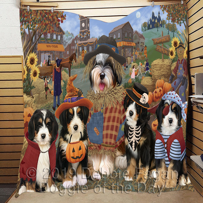 Halloween 'Round Town and Fall Pumpkin Scarecrow Both Bernedoodle Dogs Quilt